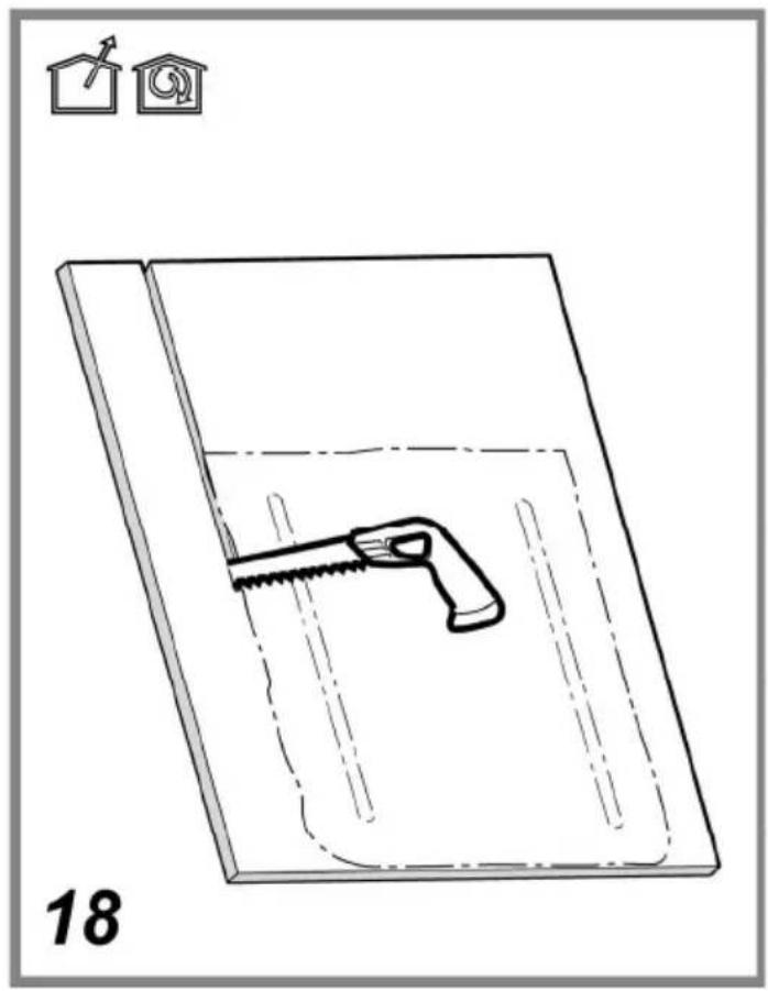 Line drawing of a saw cutting through a wooden board, with no text or symbols present.
