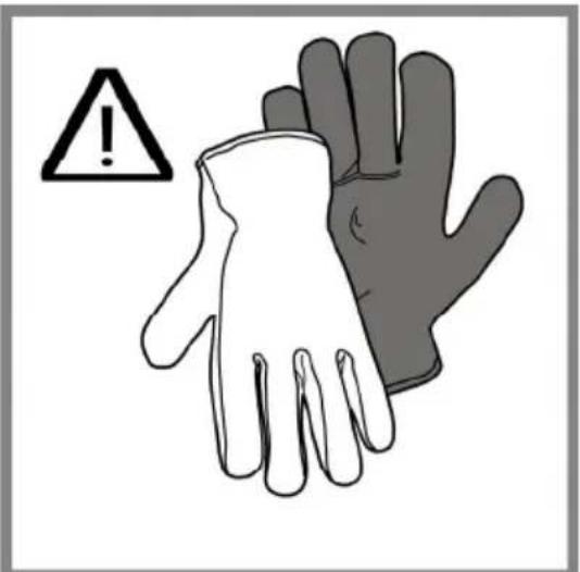 Warning symbol image showing a hand with an exclamation mark and a pair of gloves, indicating hazard or caution.