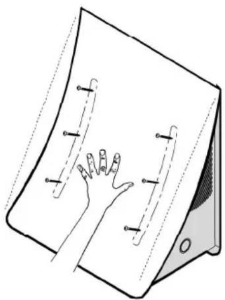 Illustration of a hand placed on a curved surface with measurement lines, no text or symbols present