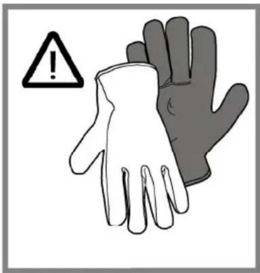 Warning symbol image showing a hand with an exclamation mark and a pair of gloves, indicating hazard or caution.