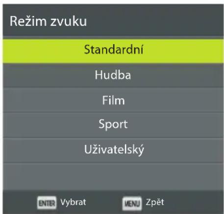 Režim zvuku Standardní Hudba Film Sport Uživatelský ENTER Vybrat MENU Zpět