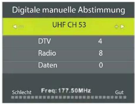 Digitale manuelle Abstimmung UHF CH 53 DTV 4 Radio 8 Daten 0 Schlecht Freq: 177.50MHz Gut