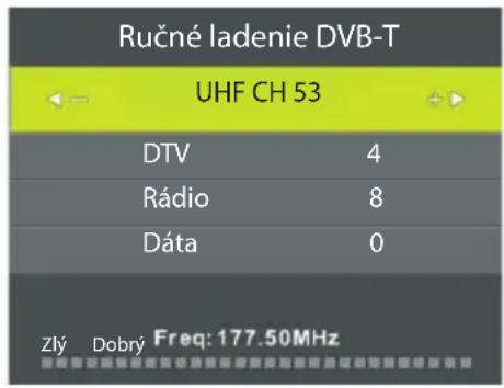 Ručné ladenie DVB-T UHF CH 53 DTV 4 Rádio 8 Dáta 0 Zlý Dobrý Freq: 177.50MHz