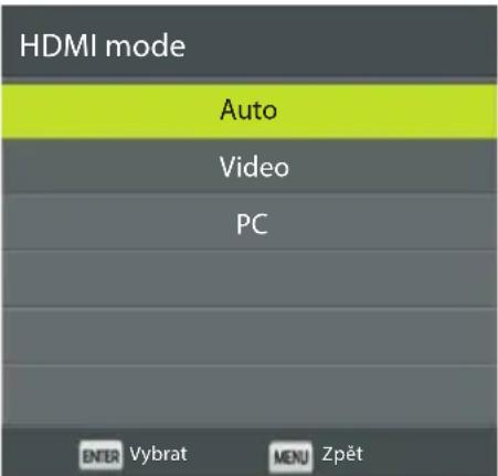 HDMI mode Auto Video PC ENTER Vybrat MENU Zpět