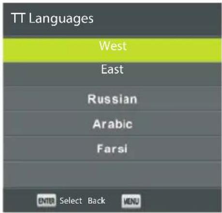 TT Languages West East Russian Arabic Farsi ENTER Select Back MENU