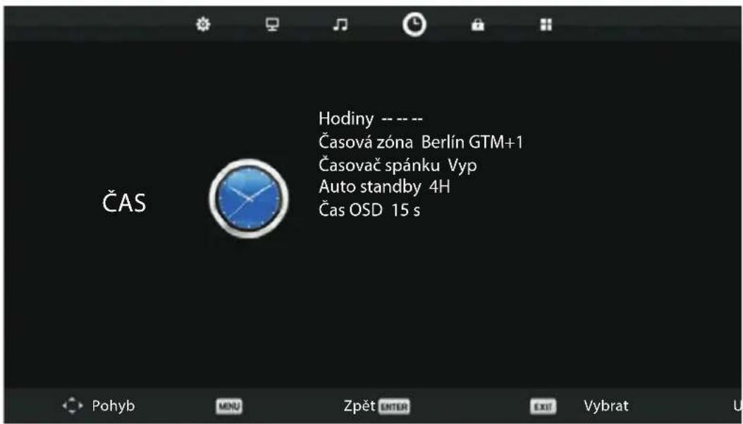 ČAS Hodiny -- --- Časová zóna Berlín GTM+1 Časovač spánku Vyp Auto standby 4H Čas OSD 15 s Pohyb MENU Zpět ENTER EXIT Vybrat