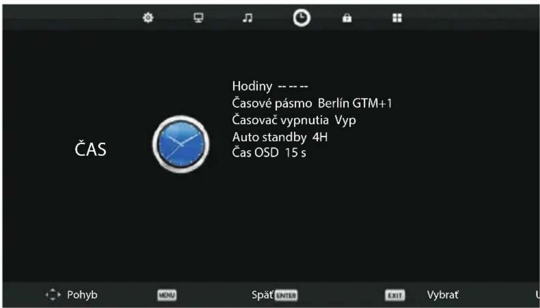 ČAS Hodiny -- --- Časové pásmo Berlín GTM+1 Časovač vypnutia Vyp Auto standby 4H Čas OSD 15 s Pohyb MENU Spät ENTER EXIT Vybrat