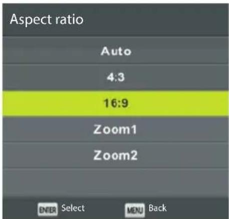 Aspect ratio Auto 4:3 16:9 Zoom1 Zoom2 ENTER Select MENU Back