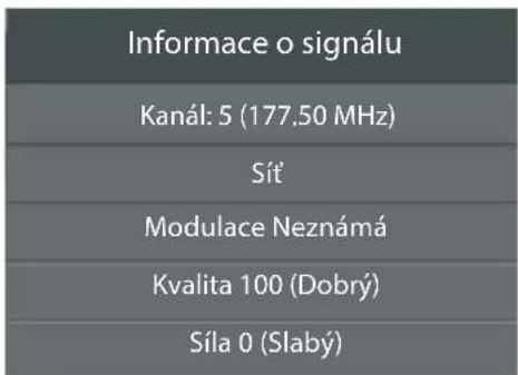 Informace o signálu Kanál: 5 (177,50 MHz) Sít' Modulace Neznámá Kvalita 100 (Dobrý) Síla 0 (Slabý)