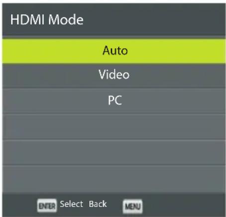HDMI Mode Auto Video PC ENTER Select Back MENU