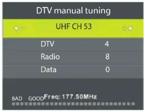 DTV manual tuning UHF CH 53 DTV 4 Radio 8 Data 0 BAD GOOD Freq: 177.50MHz