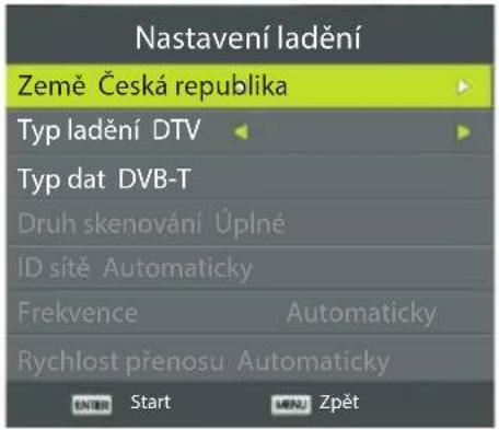 Nastavení ladění Země Česká republika Typ ladění DTV Typ dat DVB-T Druh skenování Úplné ID sitě Automaticky Frekvence Automaticky Rychlost prénosu Automaticky ENTER Start MENU Zpět
