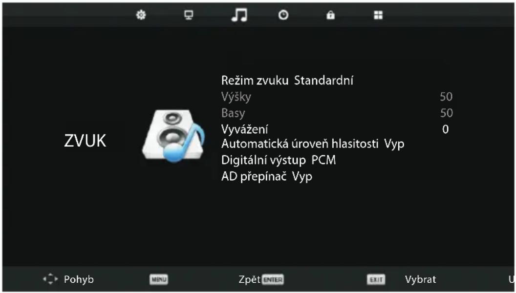 Režim zvuku Standardní Výšky 50 Basy 50 Vyvážení 0 Automatická úroveň hlasitosti Vyp Digitální výstup PCM AD přepínač Vyp