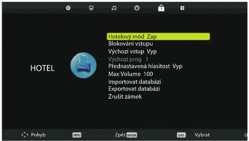 Hotelový mód Zap Blokování vstupu Výchozí vstup Vyp Výchozí prog 1 Přednastavená hlasitost Vyp Max Volume 100 Importovat databázi Exportovat databázi Zrušit zámek