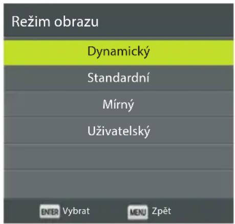 Režim obrazu Dynamický Standardní Mírný Uživatelský ENTER Vybrat MENU Zpět