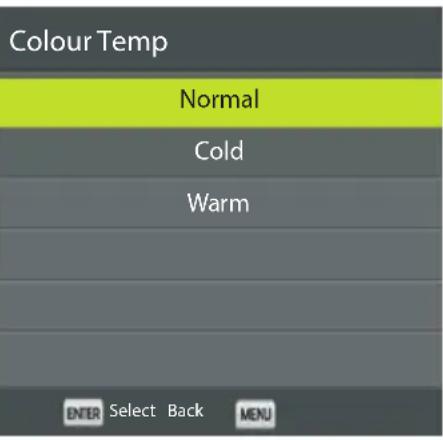 Colour Temp Normal Cold Warm ENTER Select Back MENU