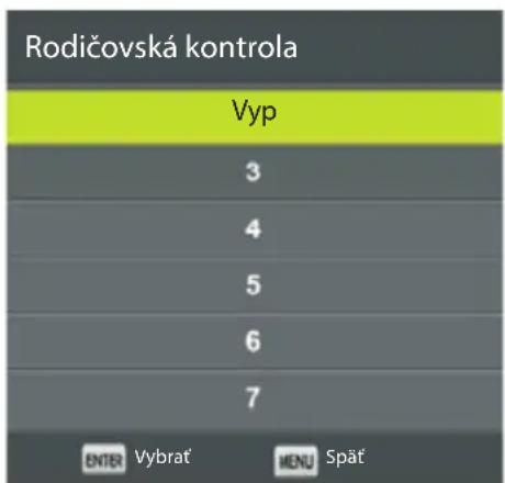 Rodičovská kontrola Vyp 3 4 5 6 7 ENTER Vybrat MENU Spät