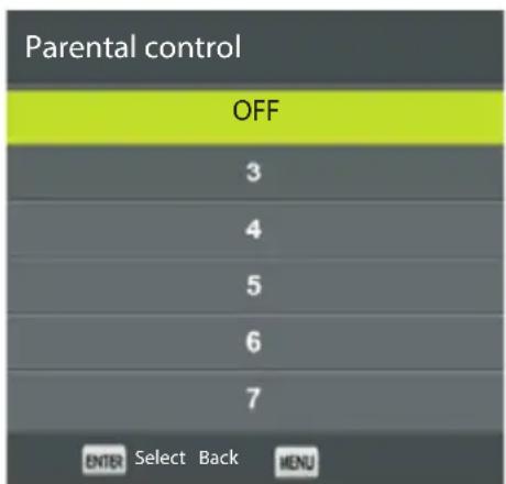 Parental control OFF 3 4 5 6 7 ENTER Select Back MENU