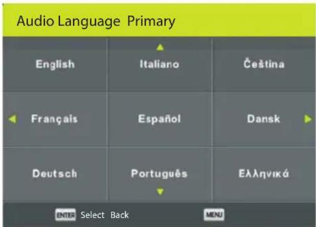 Audio Language Primary English Italiano Čeština Français Español Dansk Deutsch Português Ελληνικά ENTER Select Back MENU