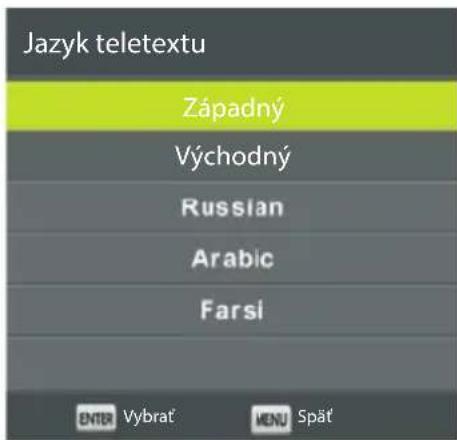 Jazyk teletextu Západný Východný Russian Arabic Farsi ENTER Vybrat' MENU Spät'