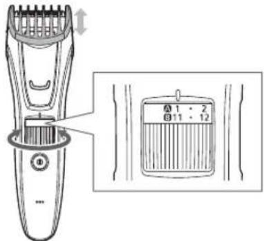 Technical diagram of a hairbrush with labeled parts and an inset showing a scale adjustment panel.