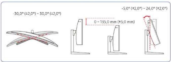-30,0° (±2,0°) ~ 30,0° (±2,0°) -5,0° (+2,0°) - 24,0° (+2,0°) 0 ~ 135,0 mm (±5,0 mm)