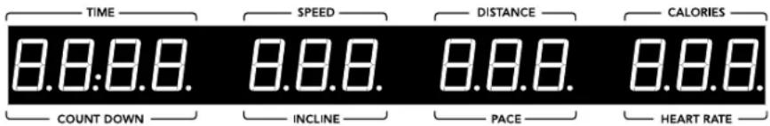 TIME 8.8.8.8. SPEED 8.8.8. DISTANCE 8.8.8. CALORIES COUNT DOWN INCLINE PACE 8.8.8. HEART RATE