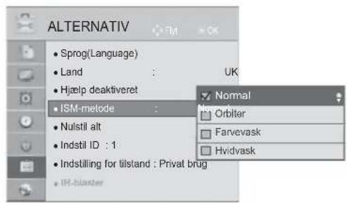 ALTERNATIV • Sprog(Language) • Land : UK • Hjælp deaktiveret • ISM-metode : • Nulstil alt • Indstil ID : 1 • Indstilling for tilstand : Privat brug • IR-blaster Normal Orbiter Farvevask Hvidvask