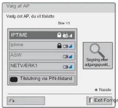 Valg af AP Vælg cet AP, du vil tilslutte Side 1/1 IPTIME iptime ASW NETV/ERK1 Tilslutning via PIN-tilstand Sagning efter adgangspunkt... © Naste Exit Forrige