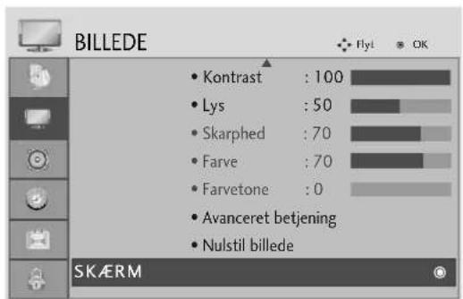 BILLEDE • Kontrast : 100 • Lys : 50 • Skarphed : 70 • Farve : 70 • Farvetone : 0 • Avanceret betjening • Nulstil billede SKÆRM