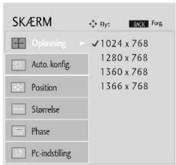 SKÆRM Flyt BACK Forg Oplasning 1024 x 768 Auto. konfig. 1280 x 768 Position 1360 x 768 Størelse 1366 x 768 Phase Pc-indstilling