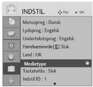 INDSTIL. Flyt OK Menusprog : Dansk Lydsprog : Engelsk Undertekstsprog : Engelsk Hørehæmmede(□ Sluk Land : UK Medietype Tastaturlås : Sluk Indstil ID : 1