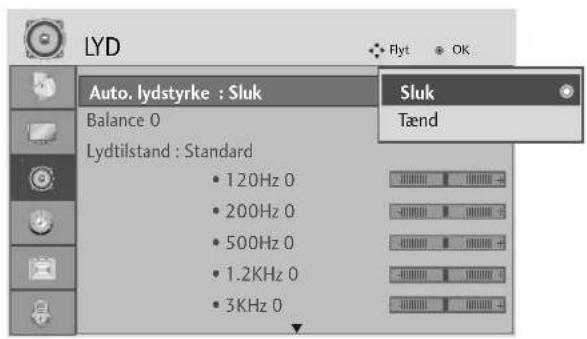 LYD Auto. lydstyrke : Sluk Balance 0 Lydtilstand : Standard • 120Hz 0 • 200Hz 0 • 500Hz 0 • 1.2KHz 0 • 3KHz 0 Sluk Tænd