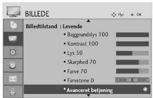 BILLEDE Billedtilstand : Levende • Baggrundslys 100 • Kontrast 100 • Lys 50 • Skarphed 70 • Farve 70 • Farvetone 0 • Avanceret betjening