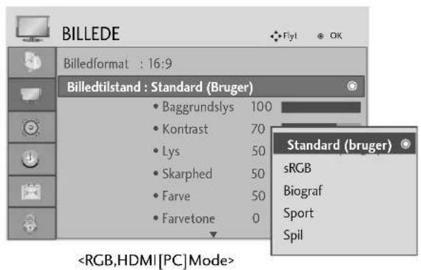 BILLEDE Billedformat : 16:9 Billedtilstand : Standard (Bruger) • Baggrundslys 100 • Kontrast 70 • Lys 50 • Skarphed 50 • Farve 50 • Farvetone 0 Standard (bruger) sRGB Biograf Sport Spil