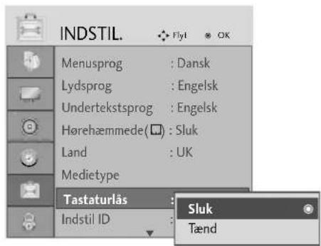 INDSTIL. Flyt OK Menusprog : Dansk Lydsprog : Engelsk Undertekstsprog : Engelsk Hørehæmmede(□) : Sluk Land : UK Medietype Tastaturlås Sluk Indstil ID Tænd