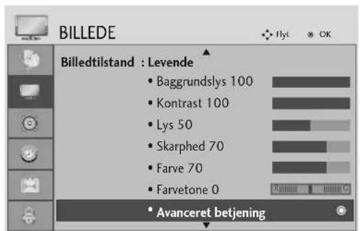 BILLEDE Billedtilstand : Levende • Baggrundslys 100 • Kontrast 100 • Lys 50 • Skarphed 70 • Farve 70 • Farvetone 0 • Avanceret betjening