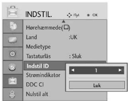 INDSTIL. Hørehæmmede(☐) Land :UK Medietype Tastaturlås : Sluk Indstil ID Strømindikator DDC CI Nulstil alt 1 Luk