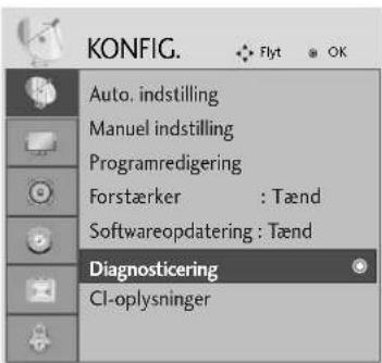 KONFIG. Auto. indstilling Manuel indstilling Programredigering Forstærker : Tænd Softwareopdatering : Tænd Diagnosticering CI-oplysninger