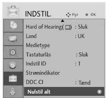 INDSTIL. Hard of Hearing( □) : Sluk Land : UK Medietype Tastaturlås : Sluk Indstil ID : 1 Strømindikator DDC CI : Tænd Nulstil alt