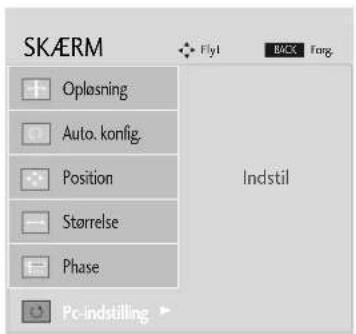 SKAERM Oplösning Auto. konfig. Position Størrelse Phase Pc-indstilling Fly1 Back Fang Indstil