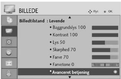 BILLEDE Billedtilstand : Levende • Baggrundslys 100 • Kontrast 100 • Lys 50 • Skarphed 70 • Farve 70 • Farvetone 0 • Avanceret betjening