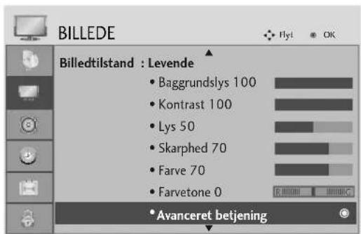 BILLEDE Billedtilstand : Levende • Baggrundslys 100 • Kontrast 100 • Lys 50 • Skarphed 70 • Farve 70 • Farvetone 0 • Avanceret betjening