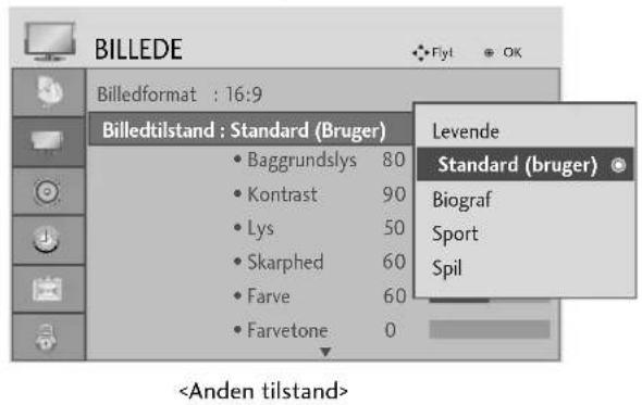 BILLEDE Billedformat : 16:9 Billedtilstand : Standard (Bruger) • Baggrundslys 80 • Kontrast 90 • Lys 50 • Skarphed 60 • Farve 60 • Farvetone 0 Levende Standard (bruger) Biograf Sport Spil