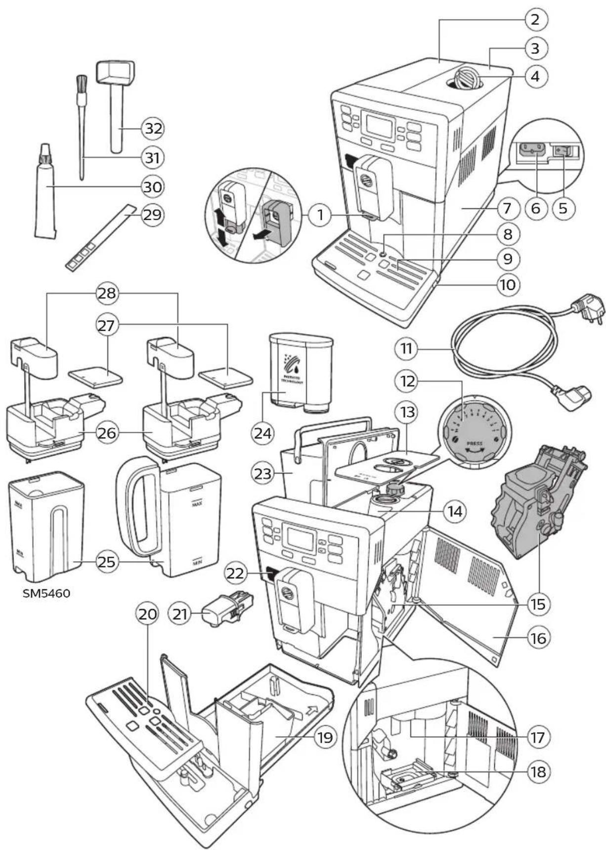 Exploded view diagram of a device assembly with numbered parts and labeled components