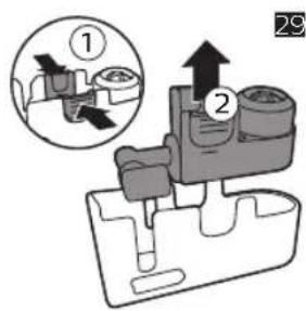 Diagram showing mechanical assembly with labeled parts and directional arrows, including numbered annotations ① and ②.