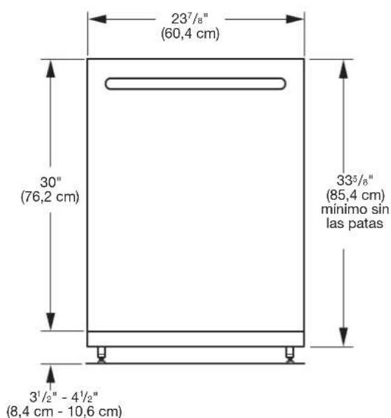 23 7/8" (60,4 cm) 30" (76,2 cm) 33 5/8" (85,4 cm) mínimo sin las patas 3 1/2" - 4 1/2" (8,4 cm - 10,6 cm)