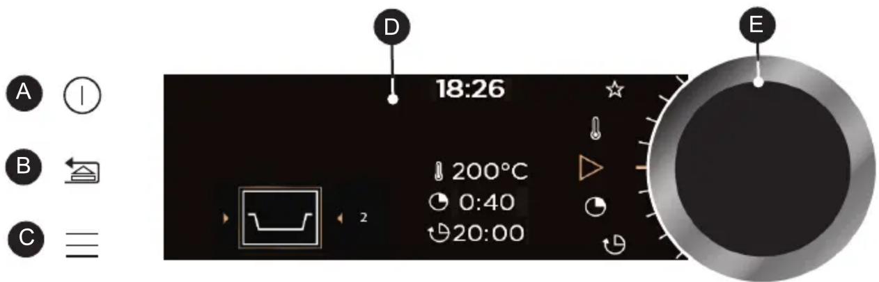 A B C 18:26 200°C 0:40 20:00 D E
