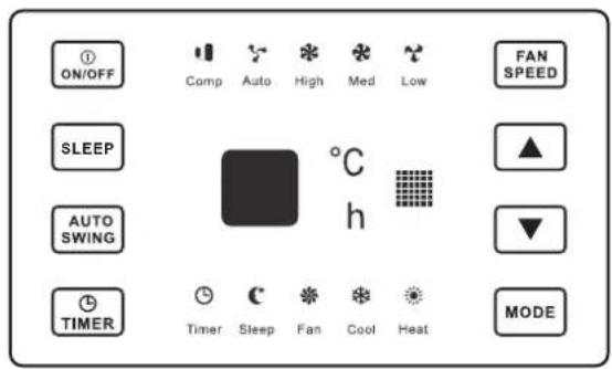 ON/OFF Comp Auto High Med Low FAN SPEED SLEEP AUTO SWING °C h ▲ ▼ TIMER Timer Sleep Fan Cool Heat MODE
