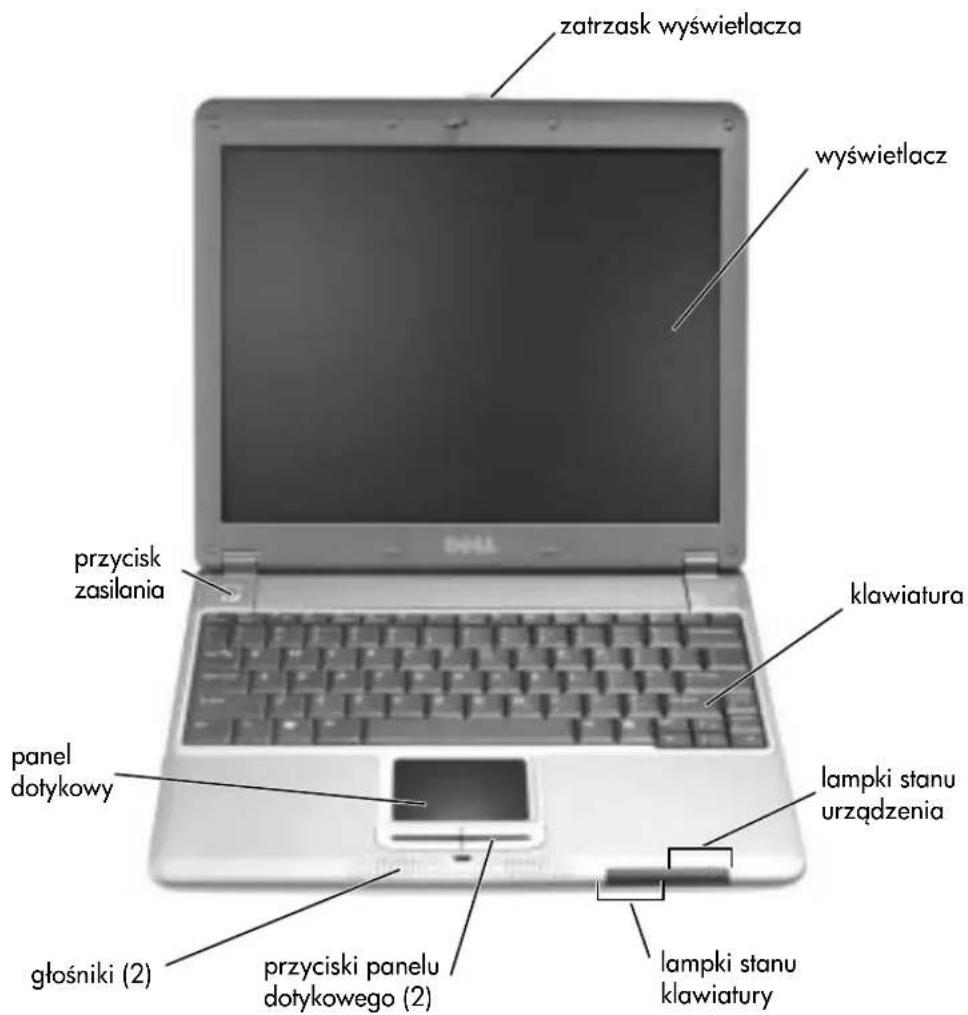 zatrzask wyświetlacza wyświetlacz przycisk zasilania klawiatura panel dotykowy lampki stanu urządzenia głośniki (2) przyciski panelu dotykowego (2) lampki stanu klawiatury